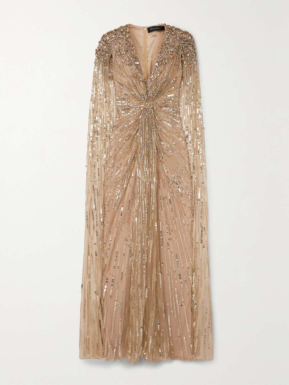 lotus cape-effect embellished sequined tulle gown