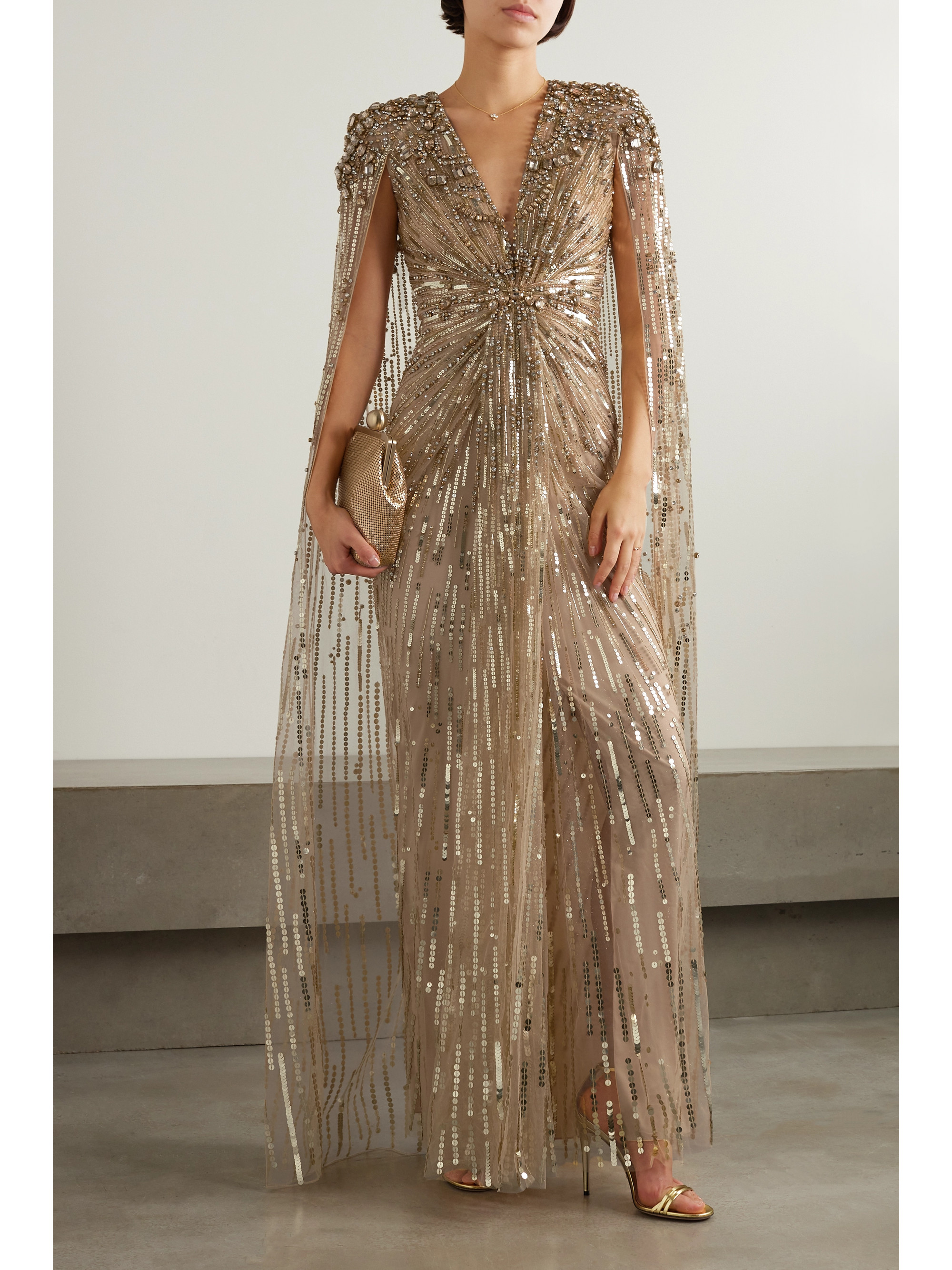 Jenny Packham Lotus cape-effect embellished sequined tulle gown
