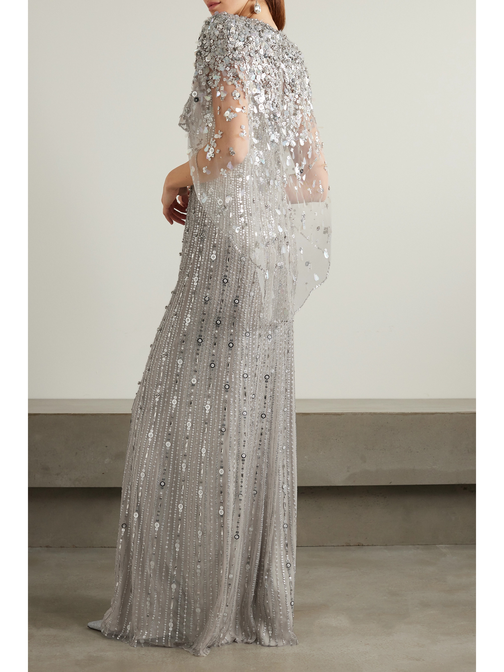 Jenny Packham Nettie cape-effect embellished sequined tulle gown thumbnail
