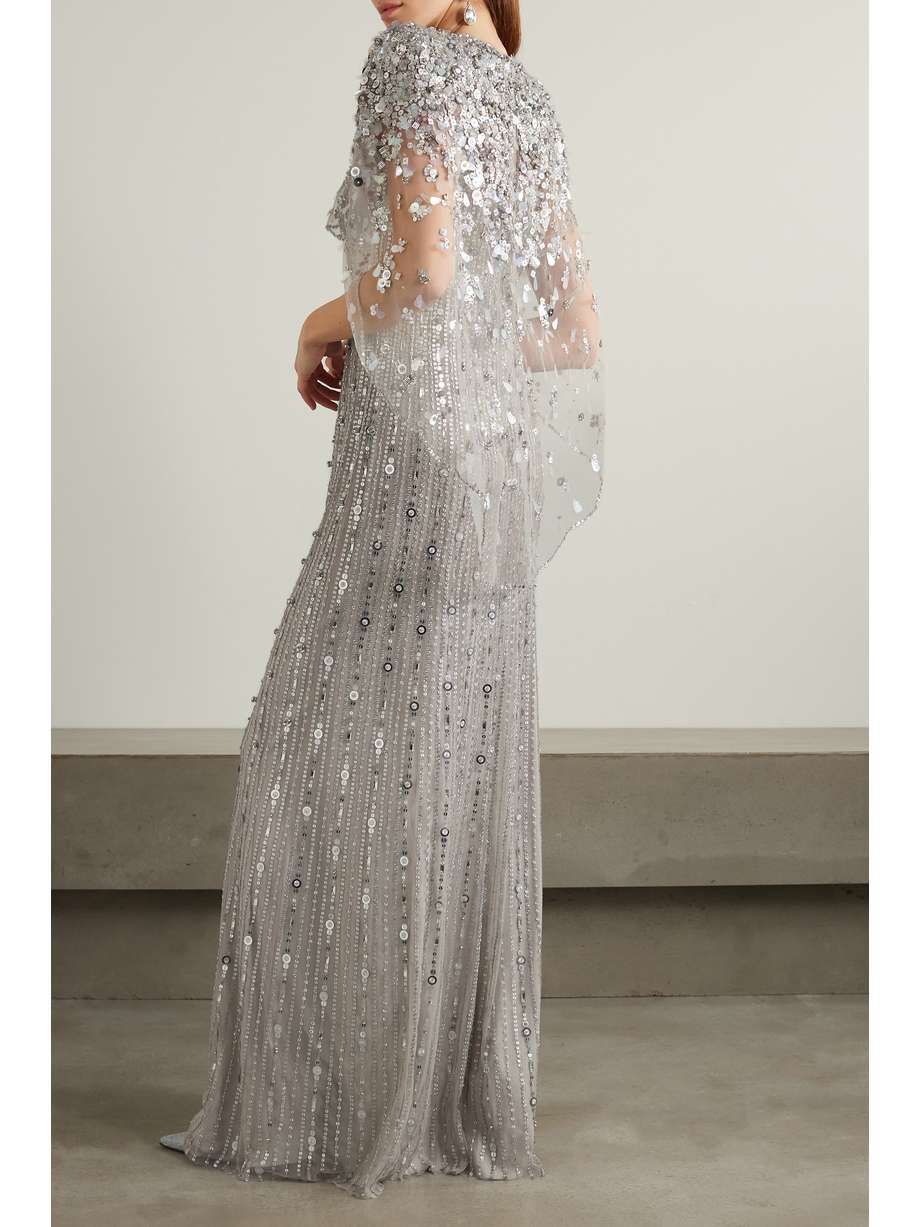 nettie cape-effect embellished sequined tulle gown