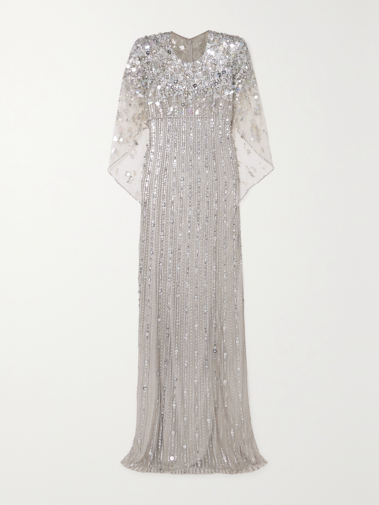 Jenny Packham Nettie Cape-effect Embellished Sequined Tulle Gown In Silver