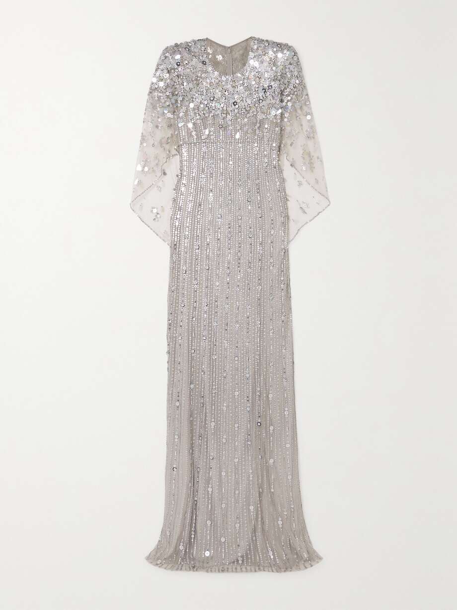 nettie cape-effect embellished sequined tulle gown