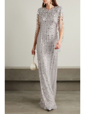 Jenny Packham Nettie cape-effect embellished sequined tulle gown