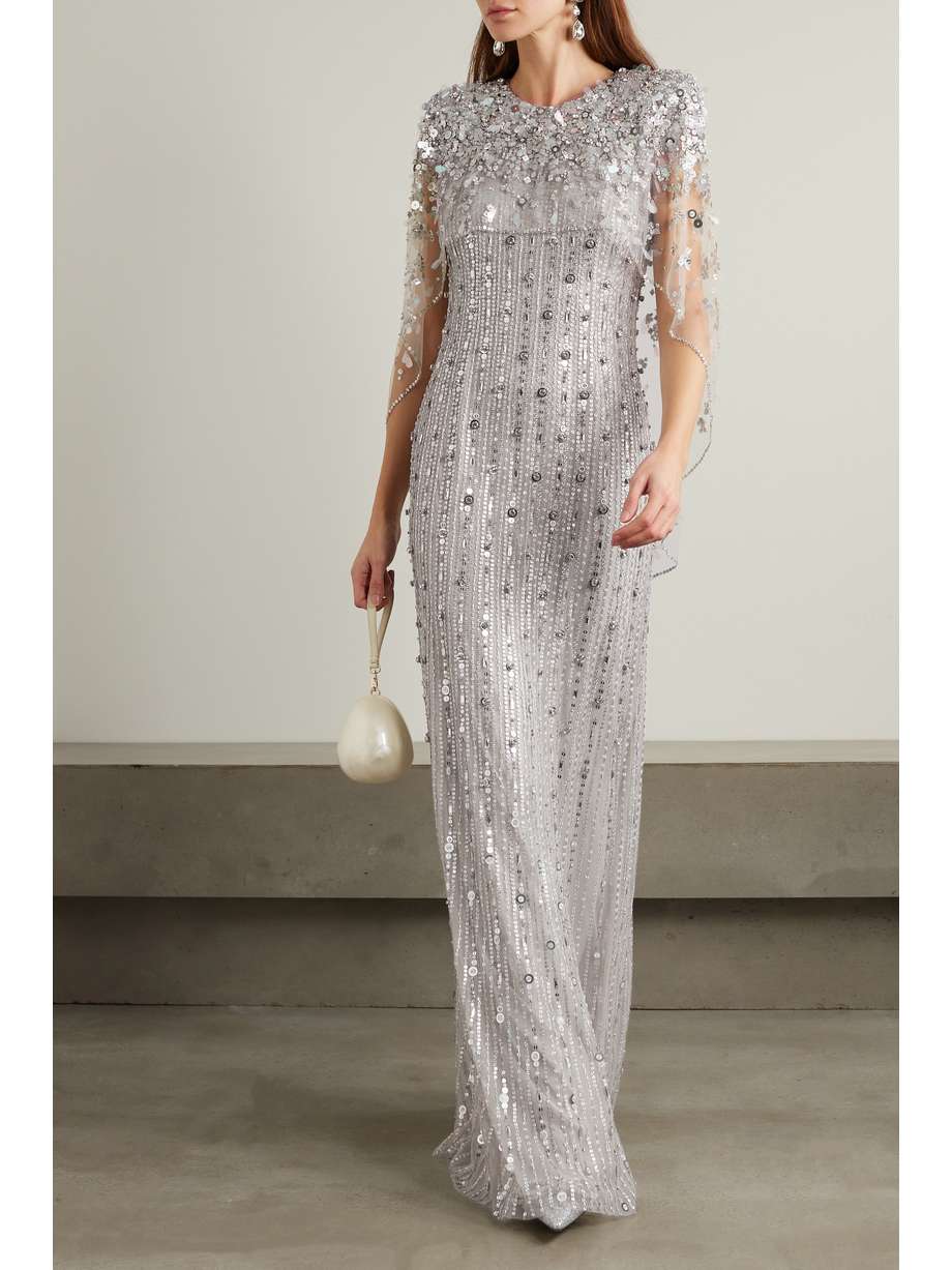 nettie cape-effect embellished sequined tulle gown
