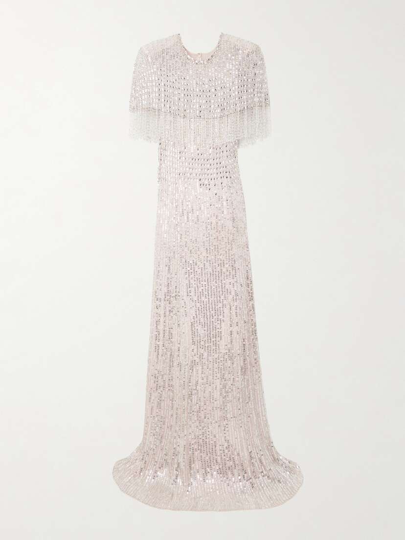 Jenny Packham Lyla Fringed Sequined Crepe Gown - UK 16
