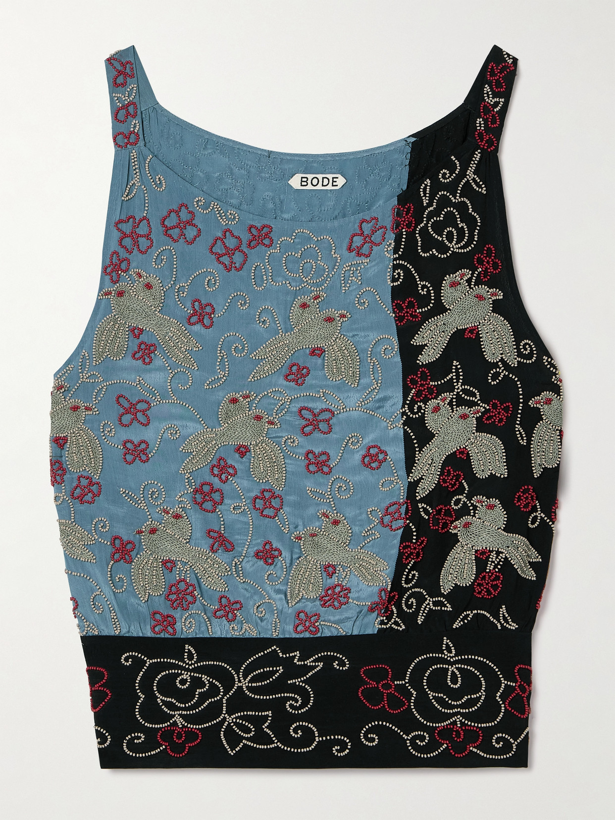 BODE - Tropicbird Bead-embellished Embroidered Two-tone Charmeuse Tank - Blue