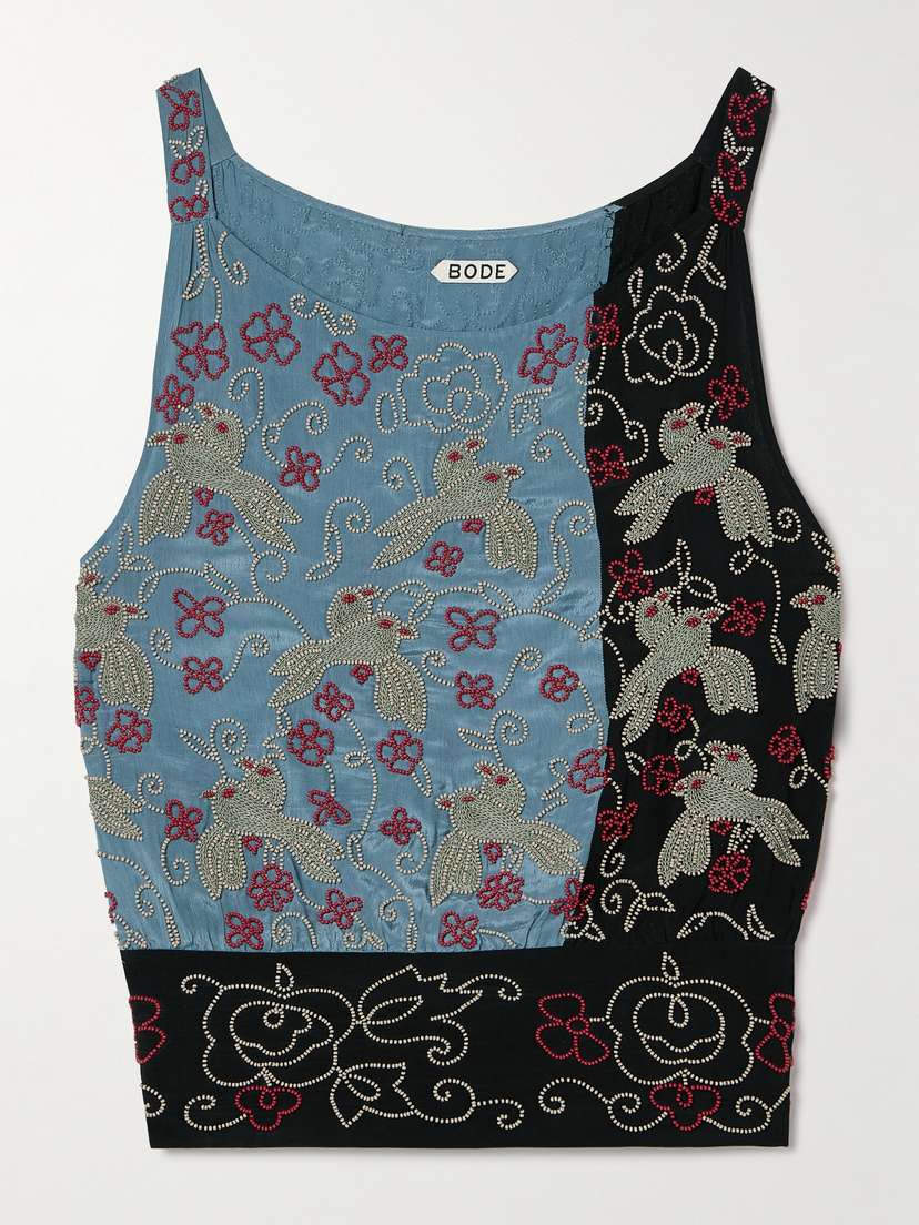 BODE Tropicbird Bead-embellished Embroidered Two-tone Charmeuse Tank - x large