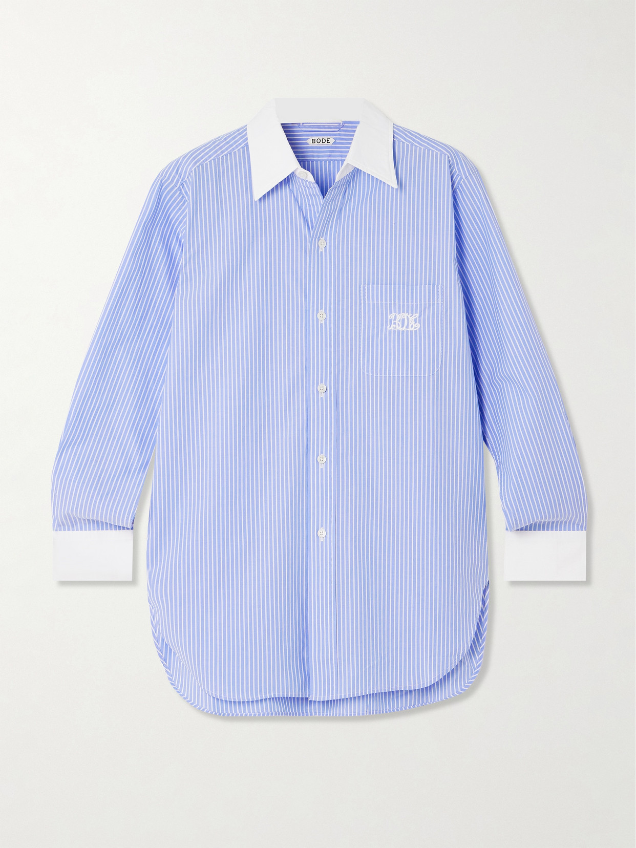 Shop Bode Signet Murray Embroidered Striped Cotton-poplin Shirt In Blue