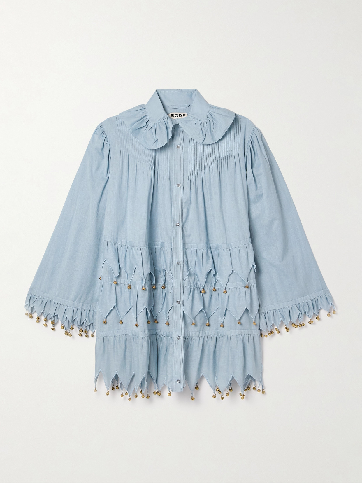 BODE - Carillon Petaluma Tiered Embellished Linen Mini Dress - Blue