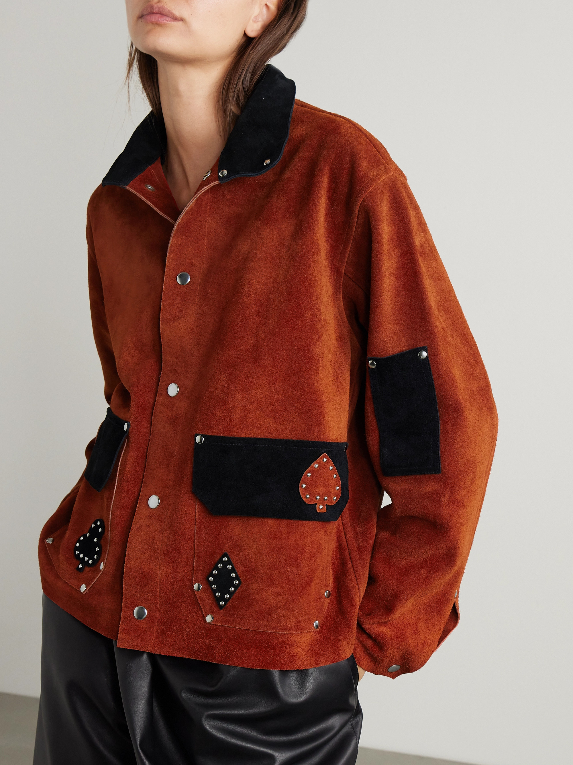 Bode Deck of Cards stud-embellished two-tone suede jacket