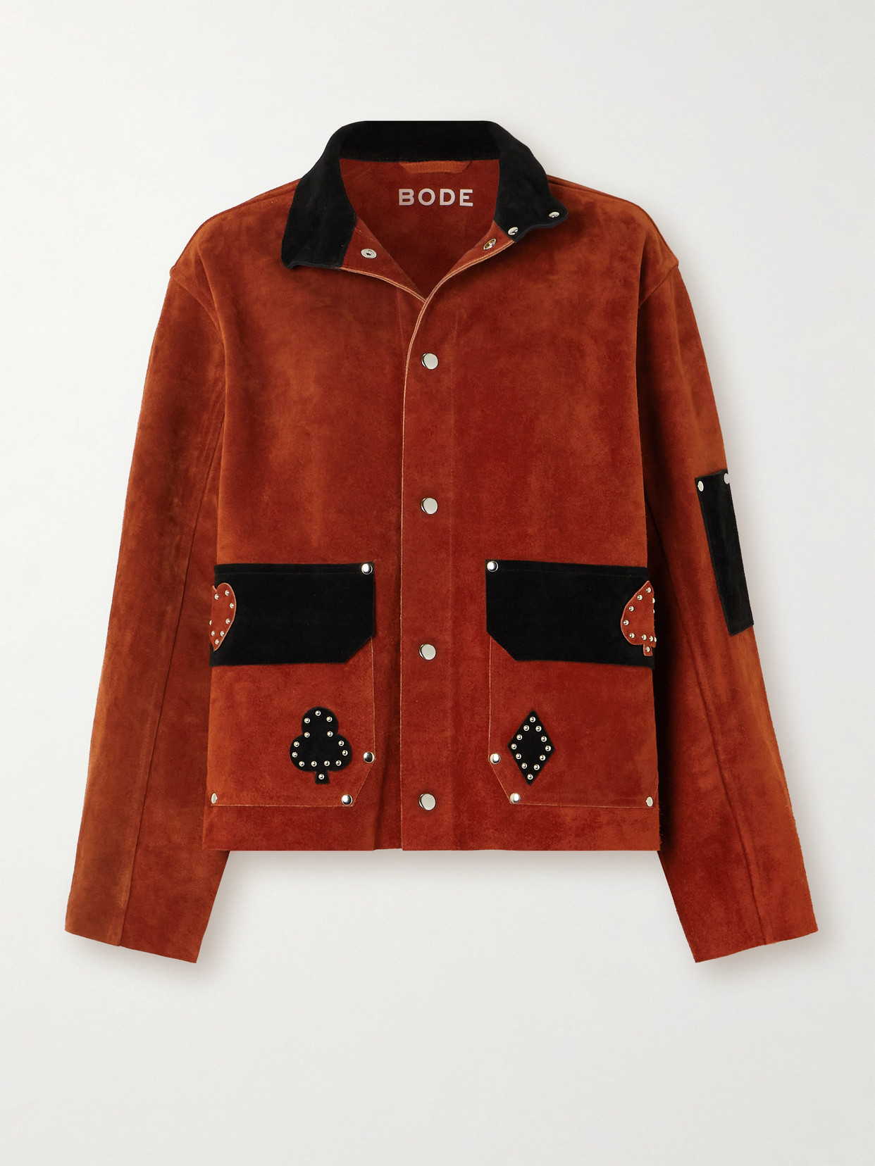 Bode Deck Of Cards Stud-embellished Two-tone Suede Jacket In Red