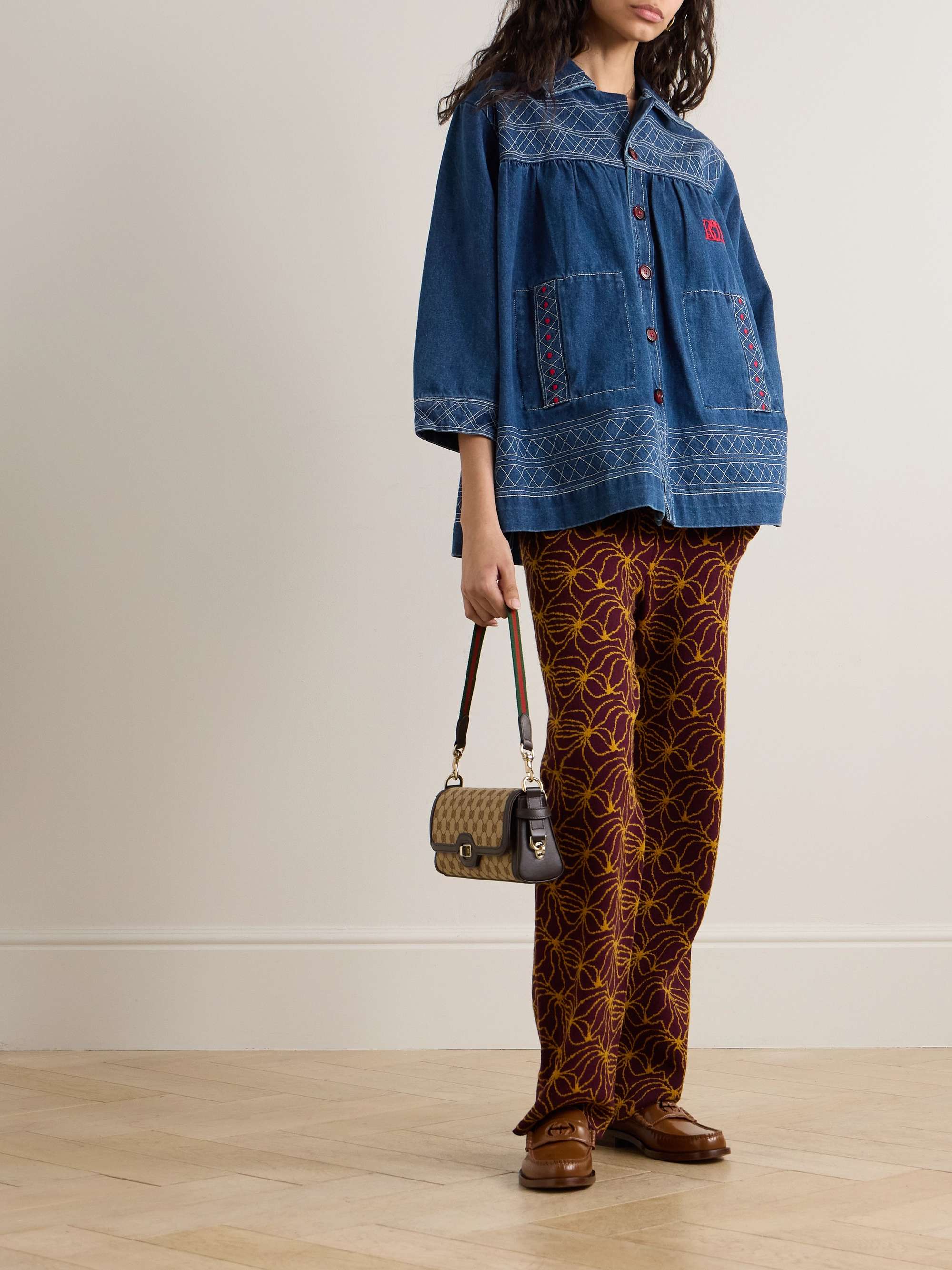 BODE Quincy gathered embroidered denim jacket | NET-A-PORTER