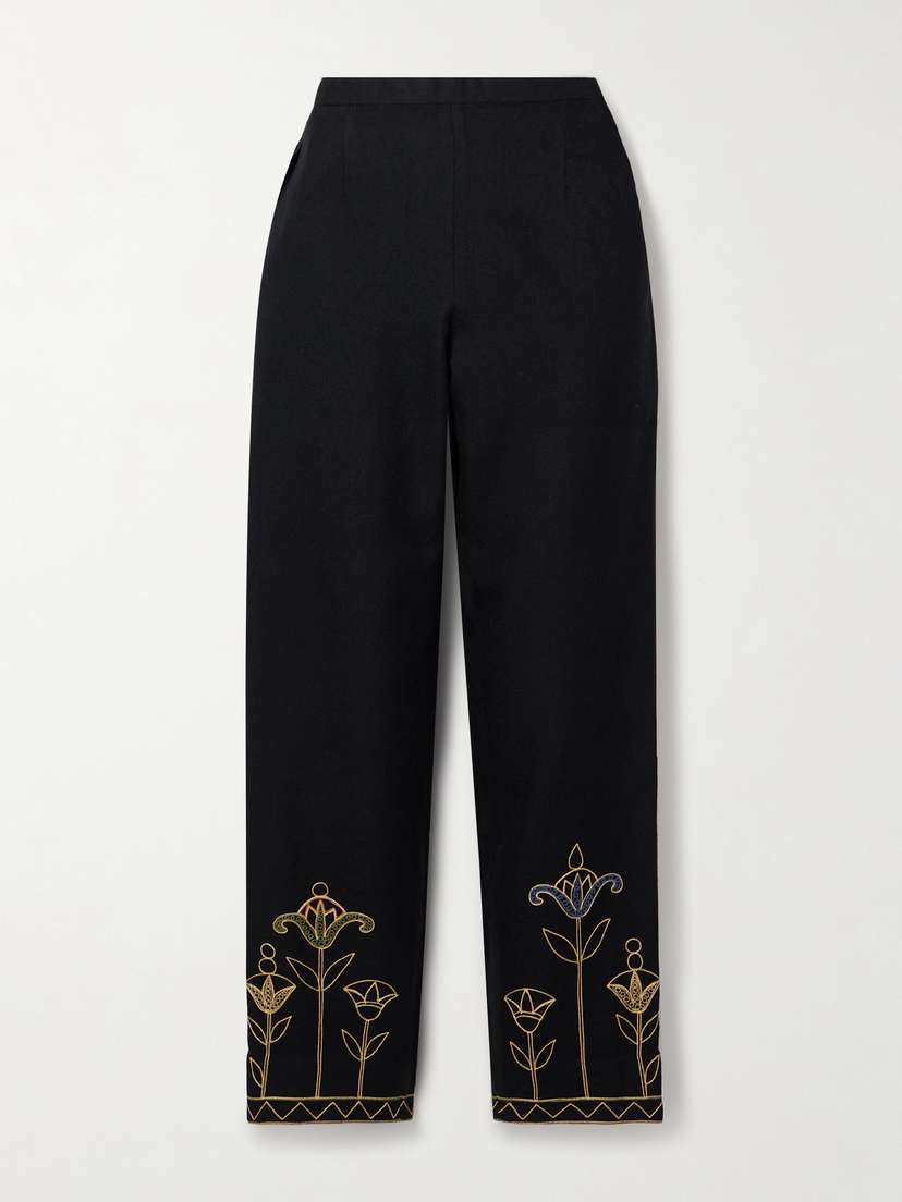 BODE Blooming Stems Embroidered Brushed Wool-twill Straight-leg Pants