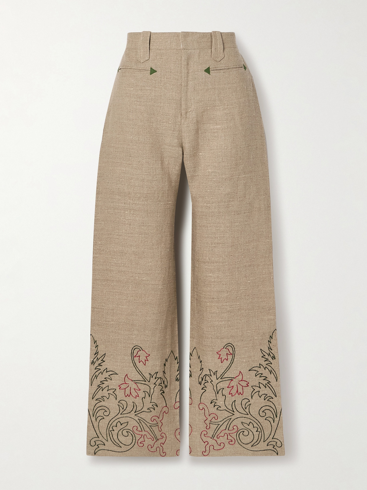 Bode Embroidered Linen Wide-leg Pants In Brown