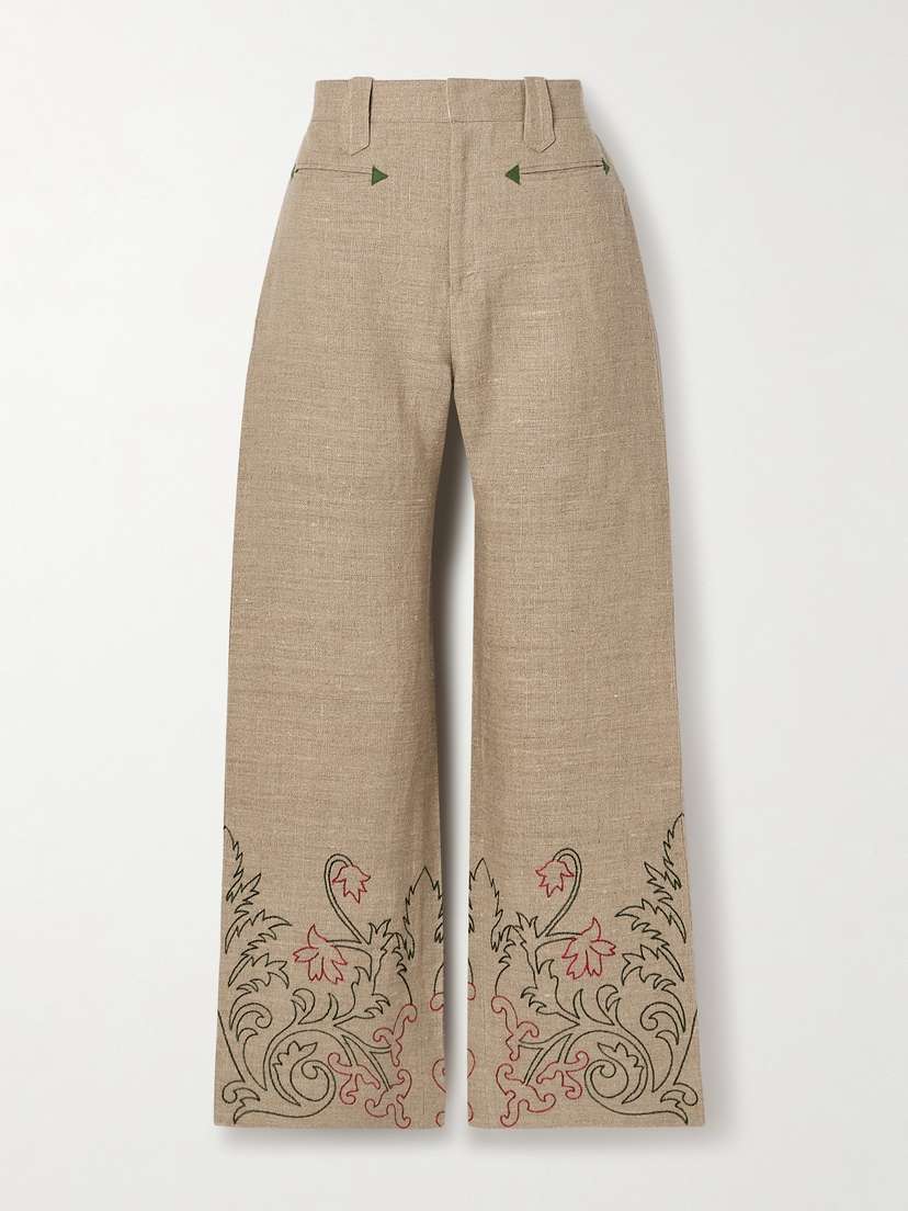 BODE Embroidered Linen Wide-leg Pants
