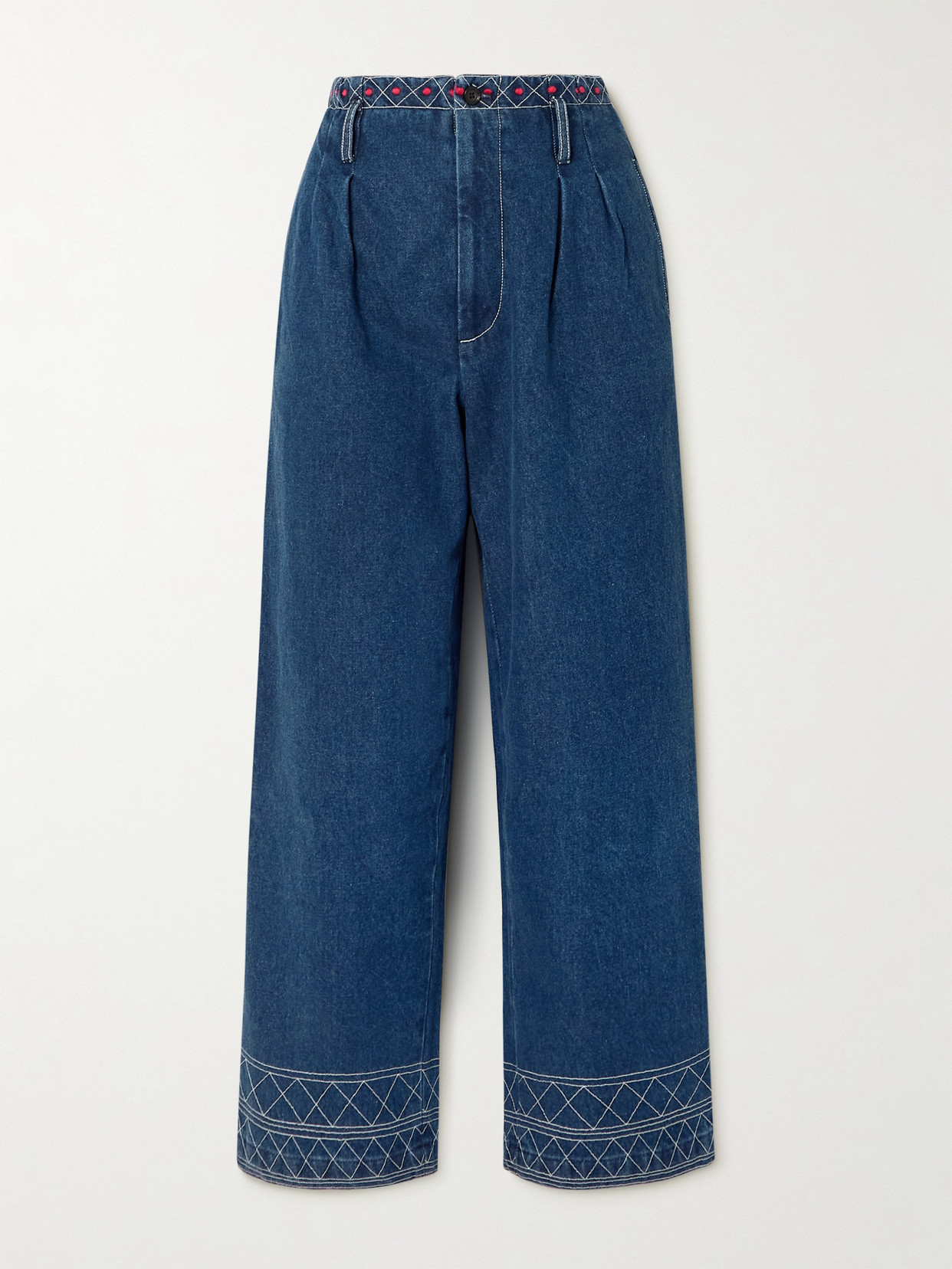 Bode Murray High-rise Pleated Embroidered Wide-leg Jeans In Blue