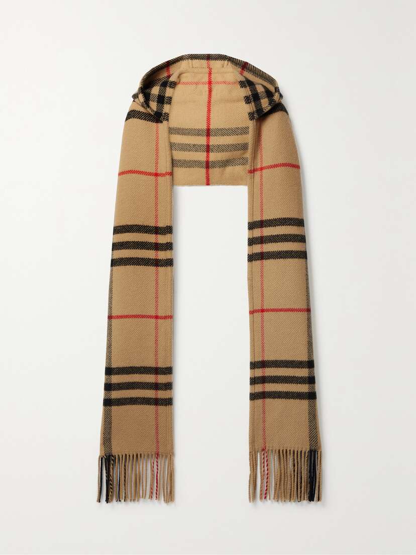 Burberry Hooded Checked Fringed Wool And Cashmere-blend Scarf -  - One size