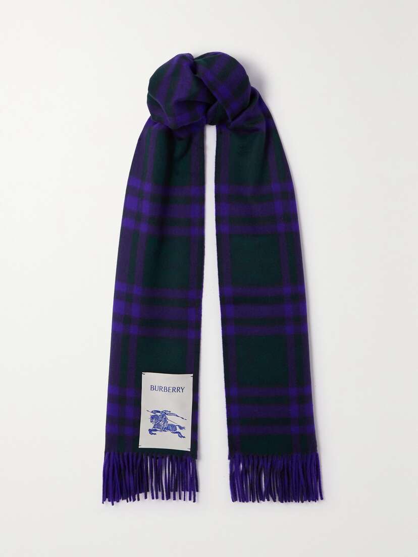 Burberry Appliquéd Fringed Checked Cashmere Scarf