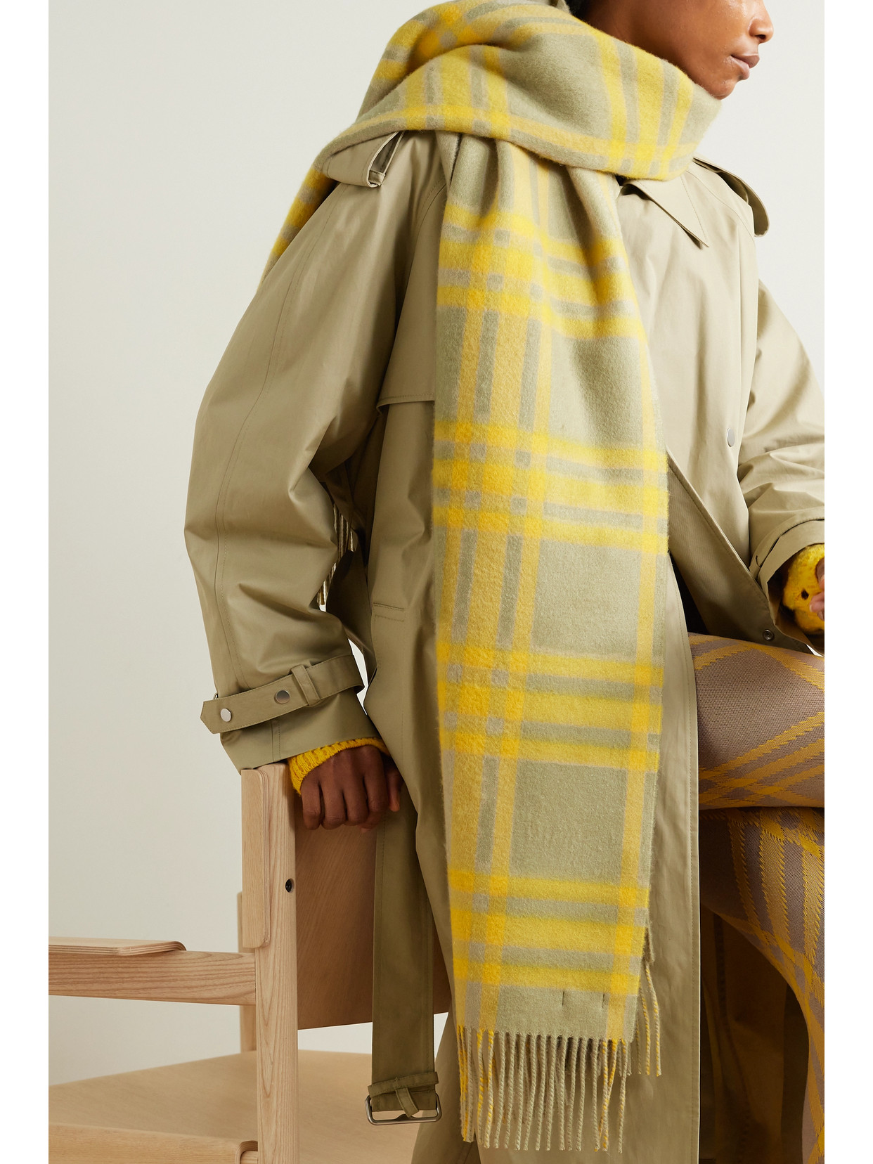 Shop Burberry Appliquéd Fringed Checked Cashmere Scarf In Yellow