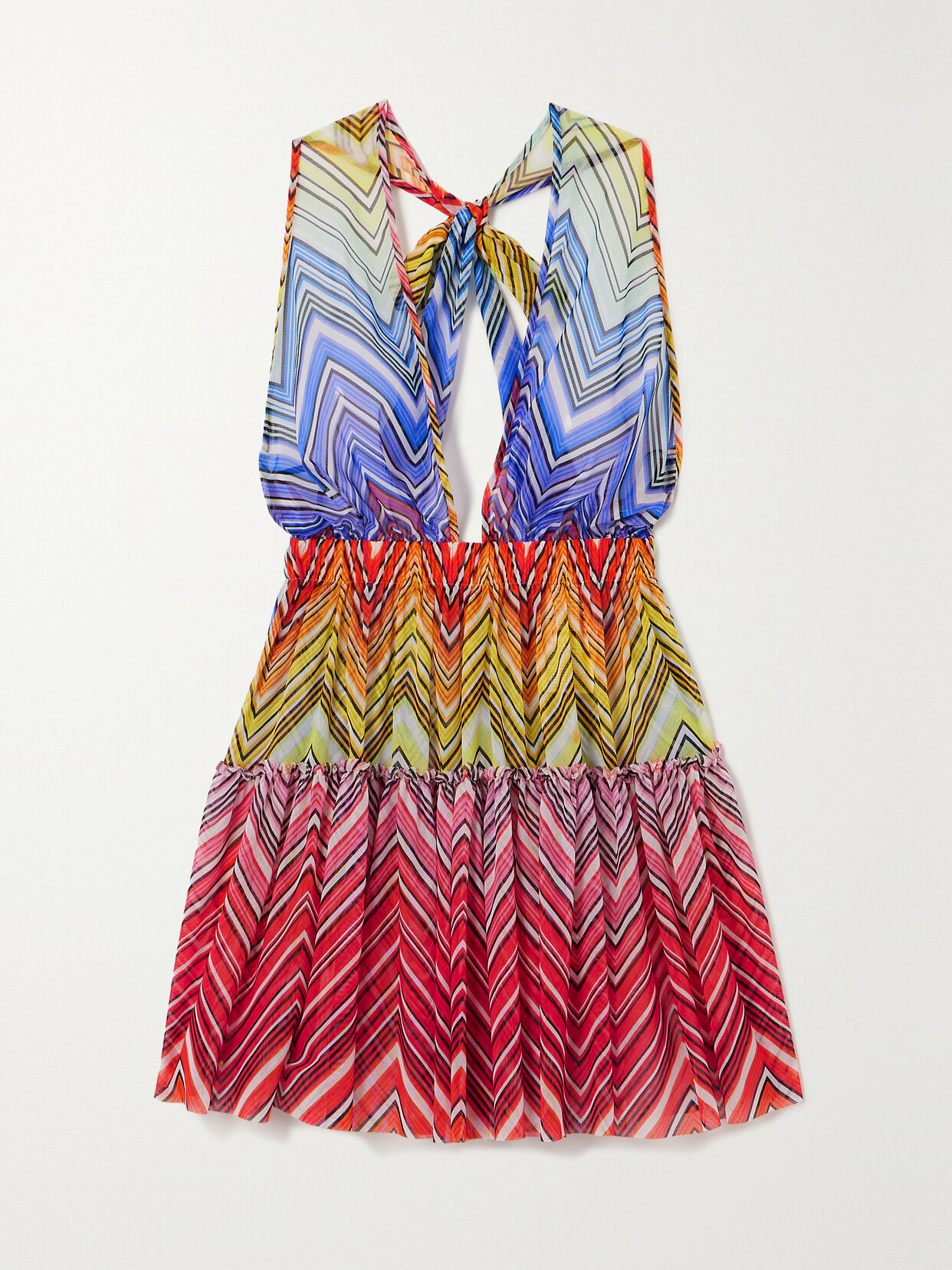 Missoni Mare Tiered Striped Mesh Halterneck Mini Dress In Multi