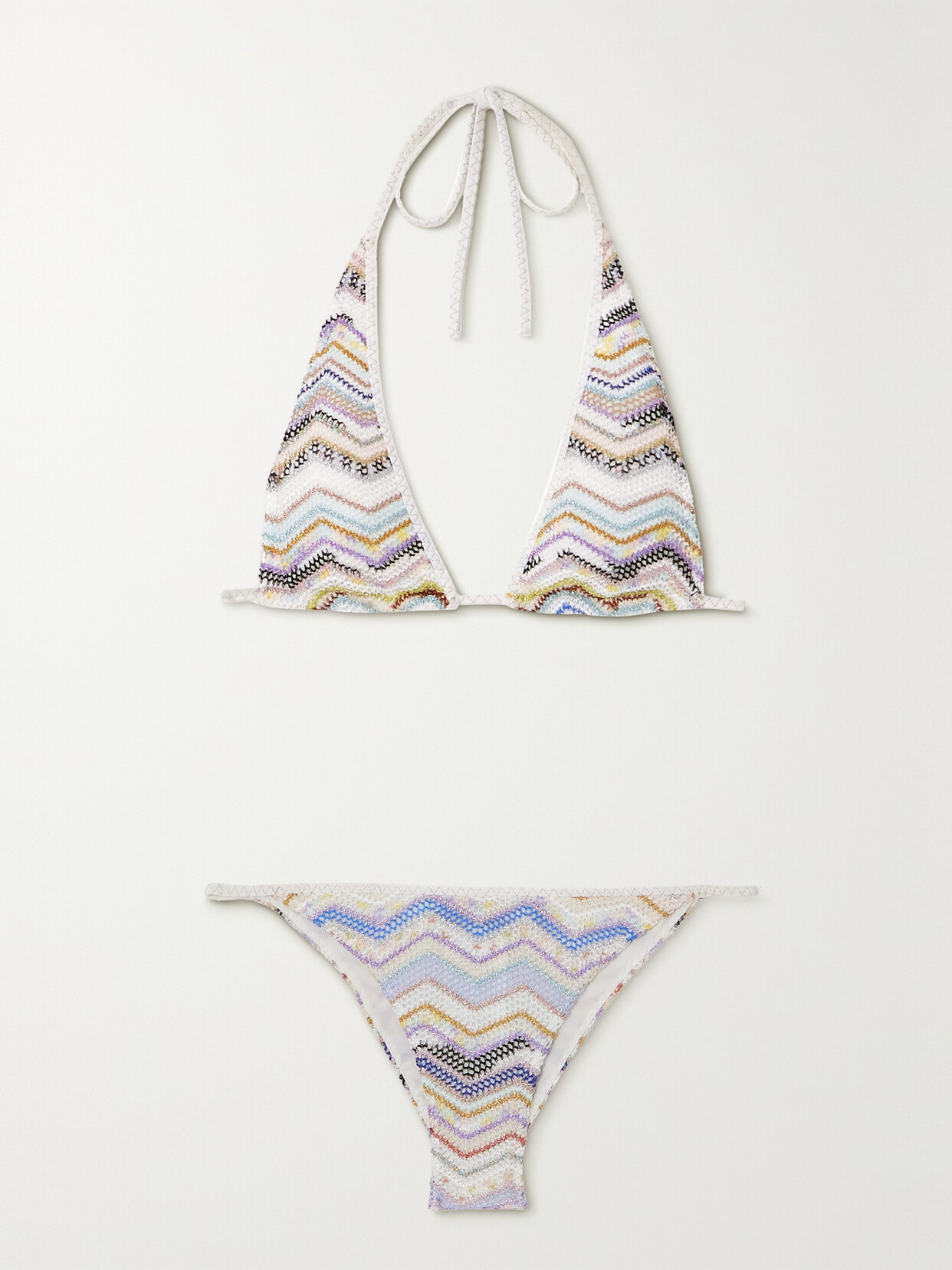 Missoni Mare Striped Metallic Crochet-knit Halterneck Triangle Bikini In Blue