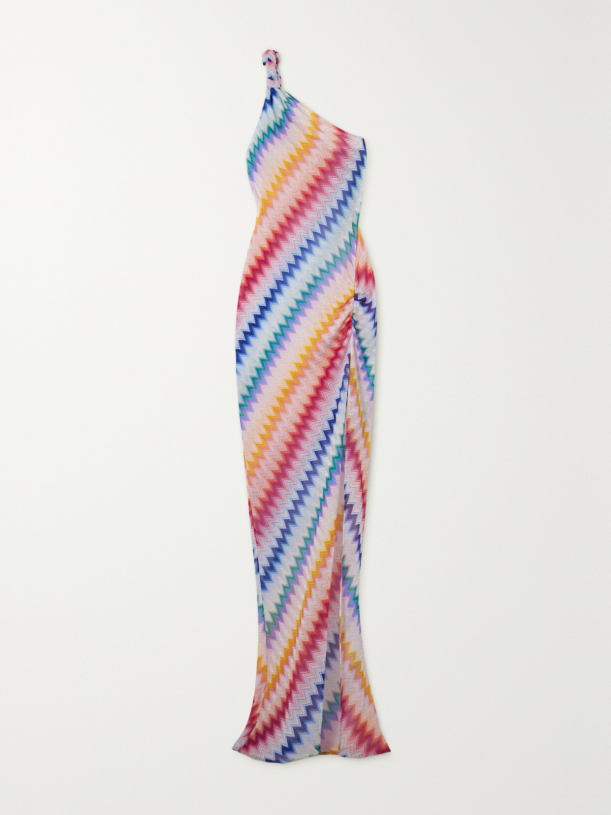 MISSONI MARE ONE-SHOULDER STRIPED METALLIC CROCHET-KNIT MAXI DRESS