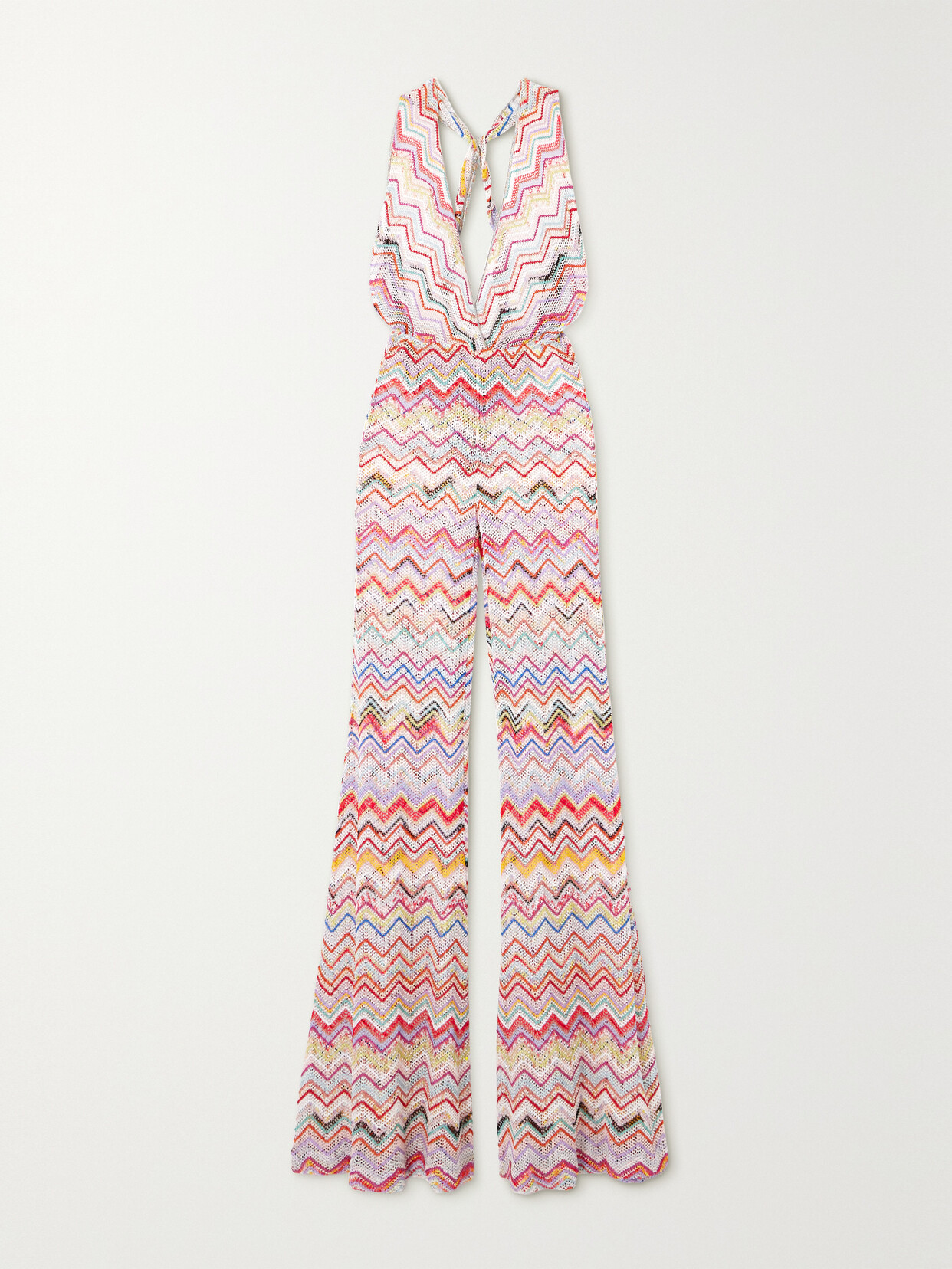 Missoni Mare Striped Metallic Crochet-knit Halterneck Jumpsuit - Red