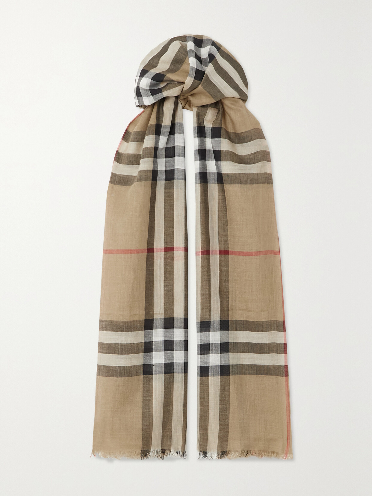 Burberry Fringed Checked Wool And Silk-blend Scarf In Neutrals