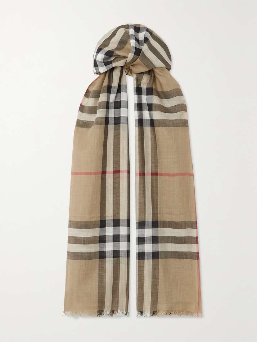 Burberry Fringed Checked Wool And Silk-blend Scarf