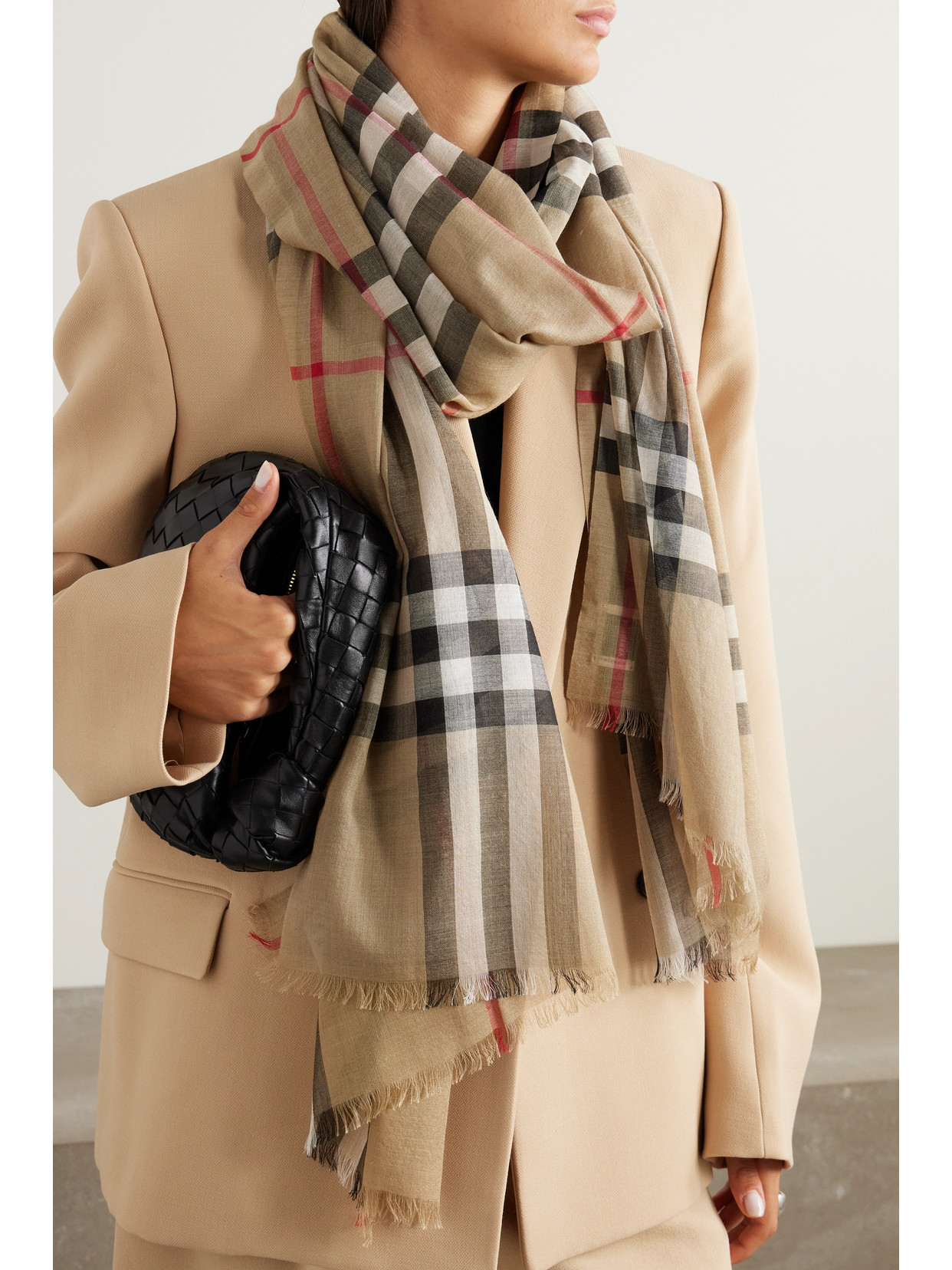 Burberry Fringed Checked Wool And Silk-blend Scarf In Neutrals