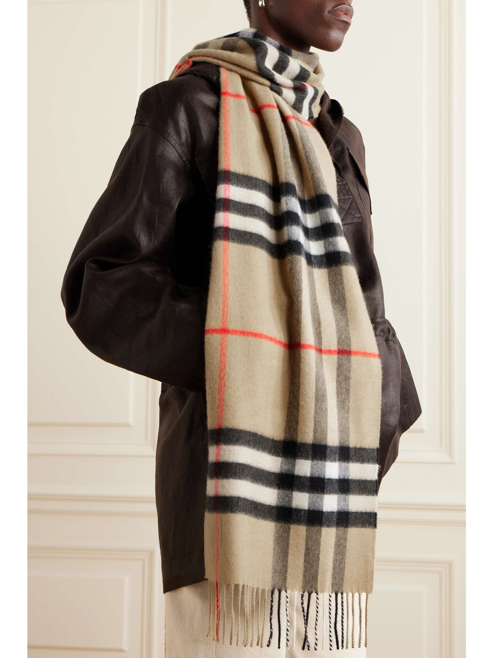 Fringed checked cashmere scarf