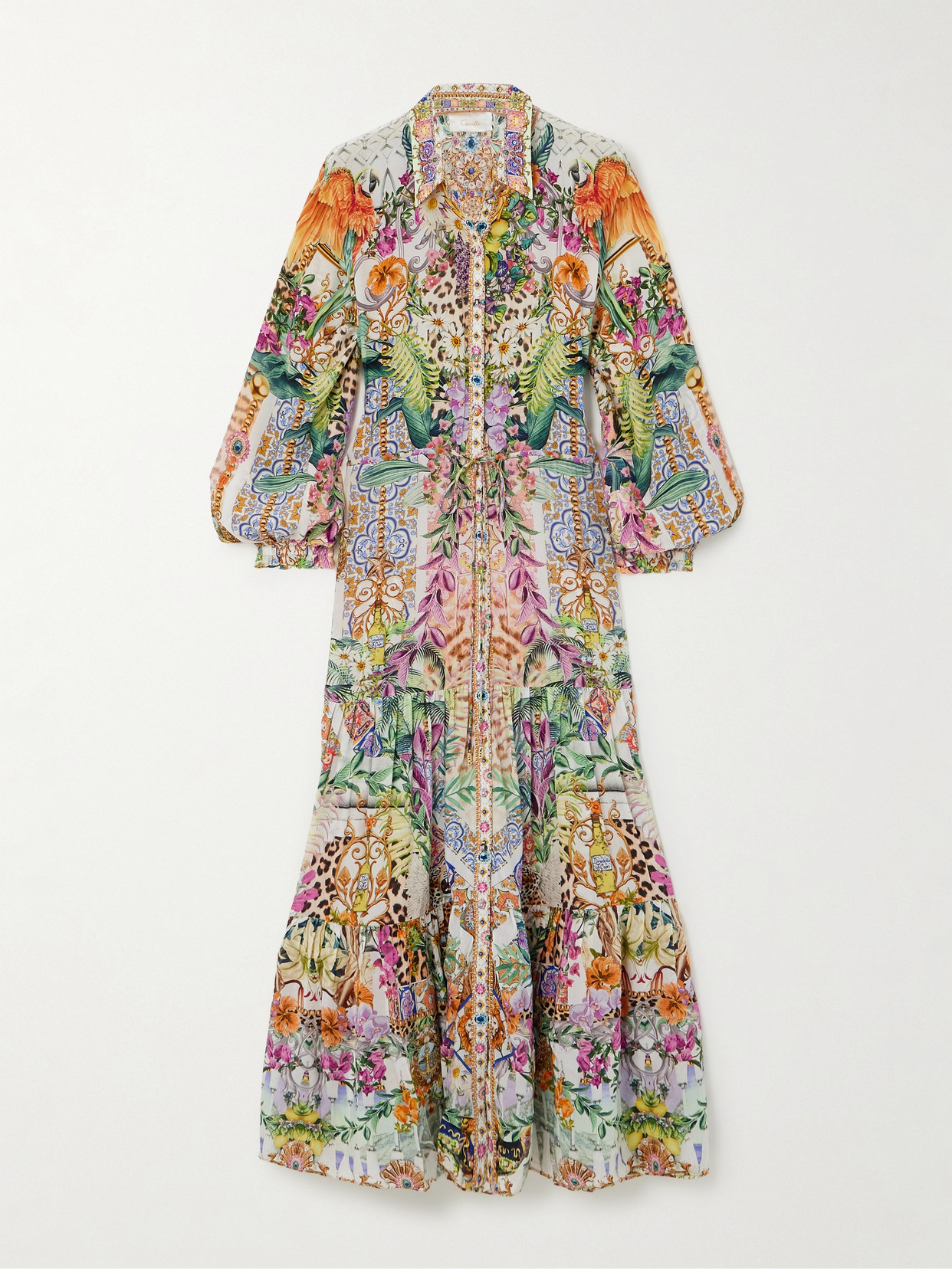 Camilla Crystal-embellished Tiered Floral-print Silk-crepe Maxi Shirt Dress In Multi