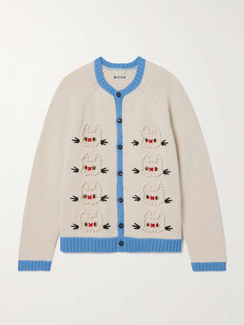 BODE Calico Pompom-embellished Embroidered Alpaca And Merino Wool-blend Cardigan