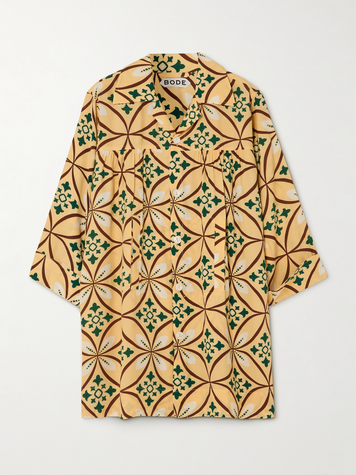 Bode Greer Quincy Gathered Printed Crepe Mini Shirt Dress In Yellow