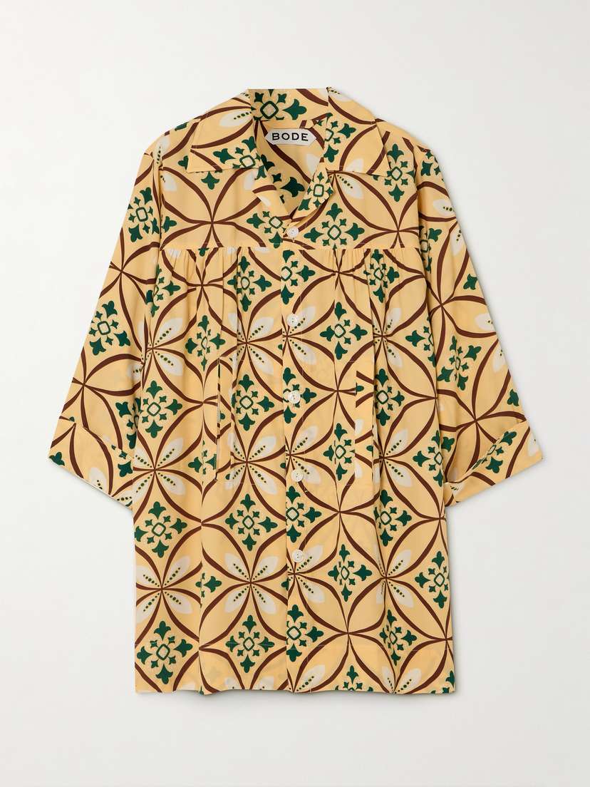 BODE Greer Quincy Gathered Printed Crepe Mini Shirt Dress