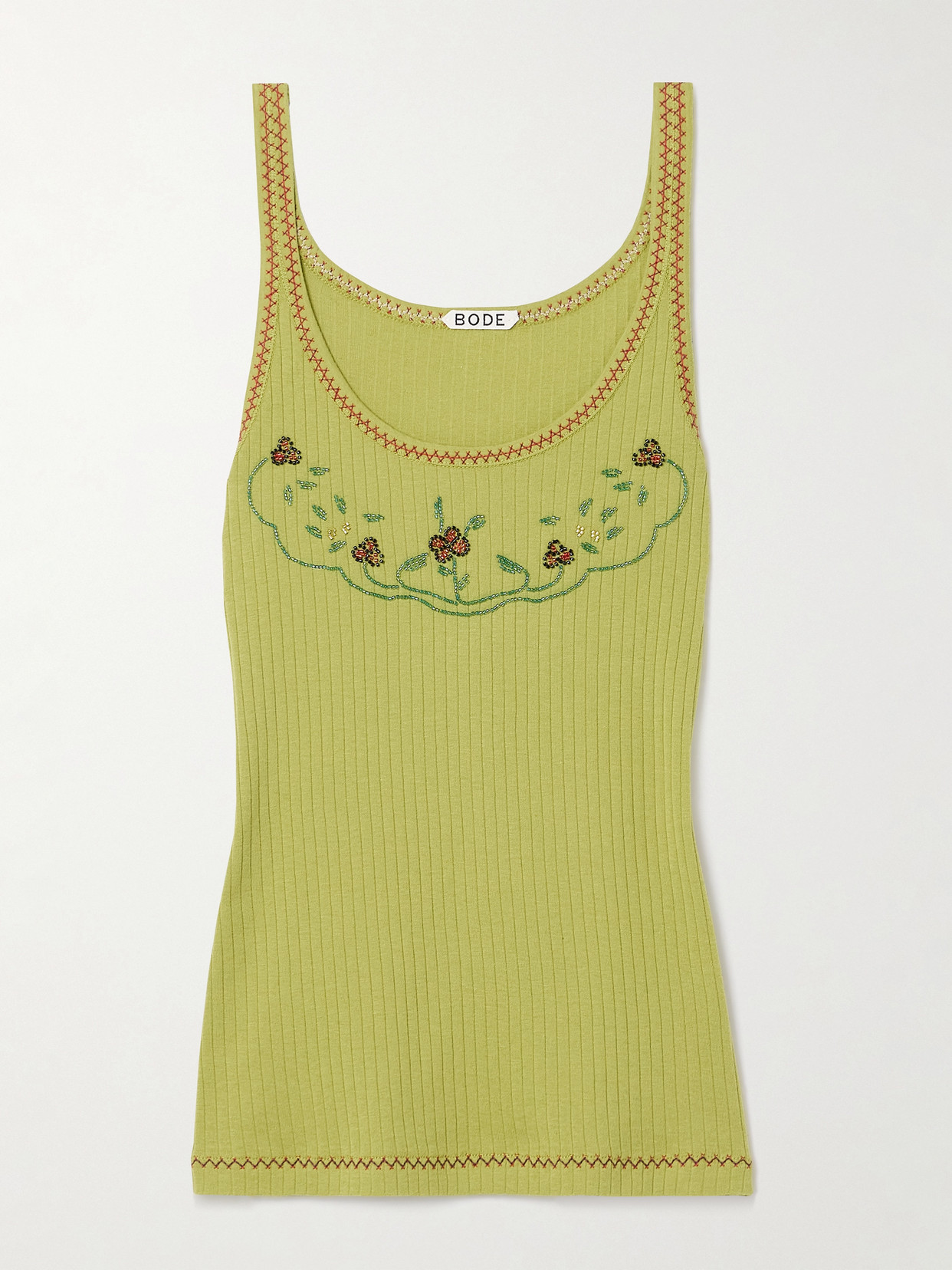 BODE - Dahlia Bead-embellished Ribbed Cotton-jersey Tank - Green