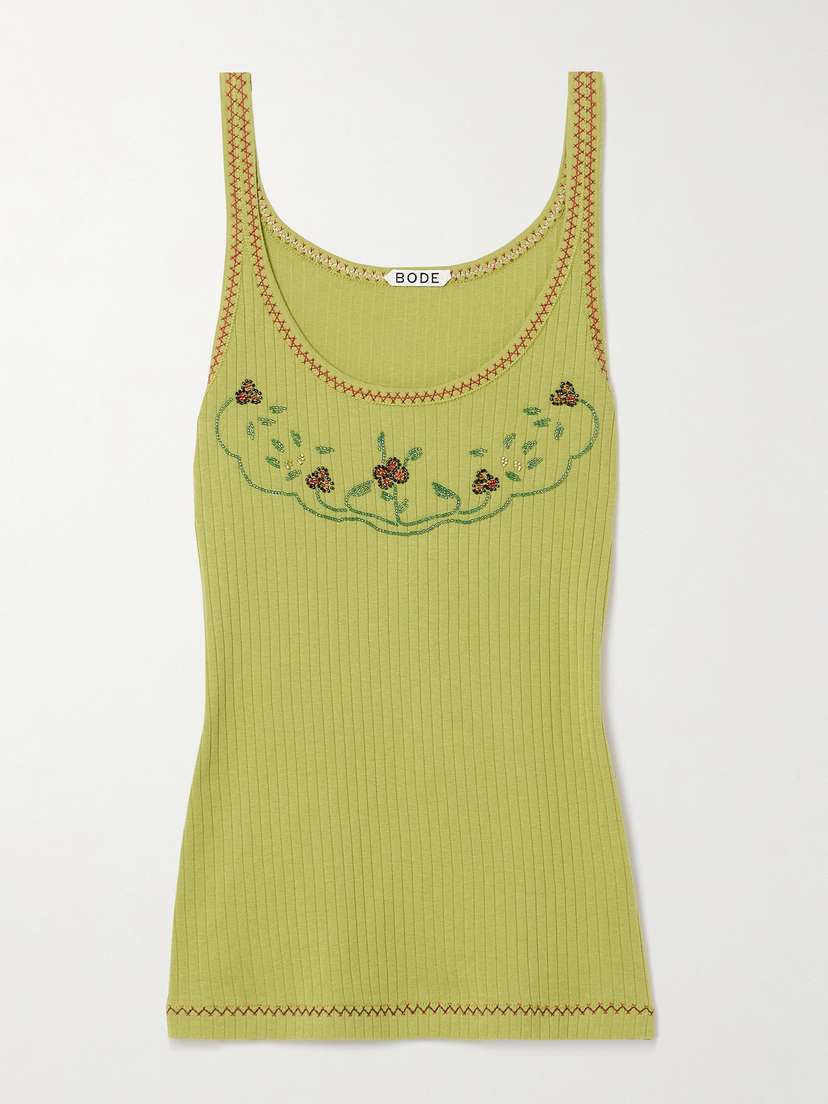 BODE Dahlia Bead-embellished Ribbed Cotton-jersey Tank