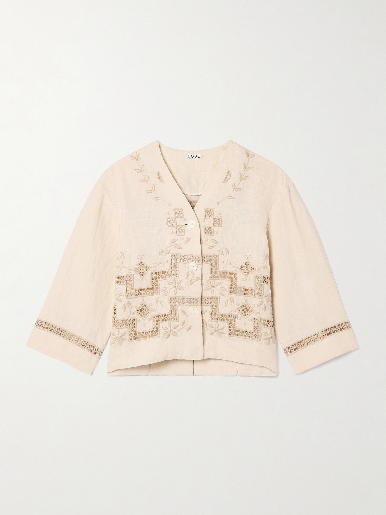 Bode Guipure Lace-trimmed Embroidered Linen Overshirt In Ecru