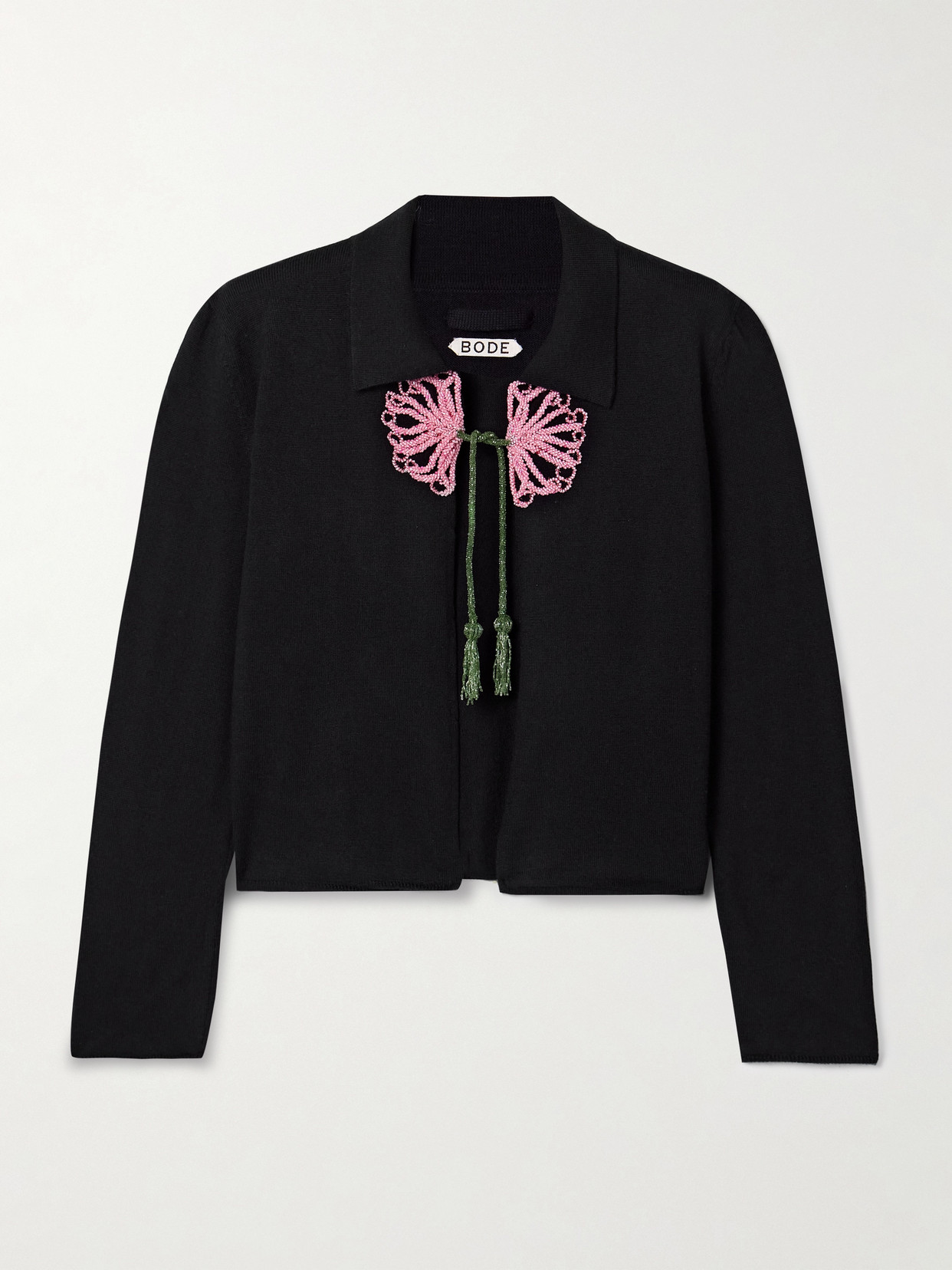 Shop Bode Abilene Bead-embellished Merino Wool Cardigan In Black