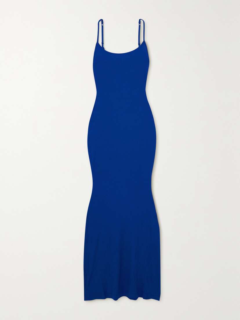 Skims Soft Lounge Rib Long Stretch-modal Slip Dress - Cobalt