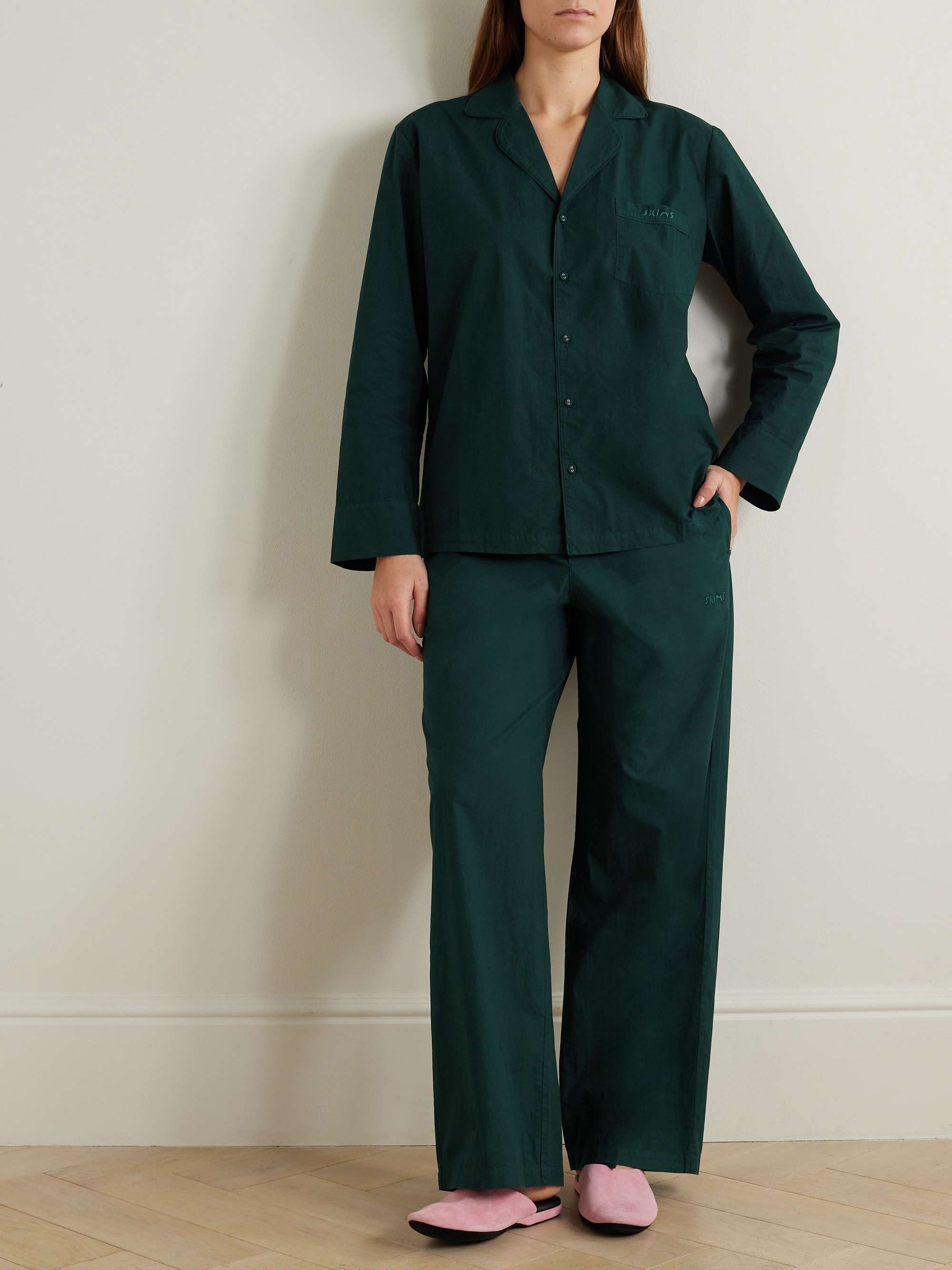 SKIMS Spa embroidered cotton-poplin pajama shirt - Pine