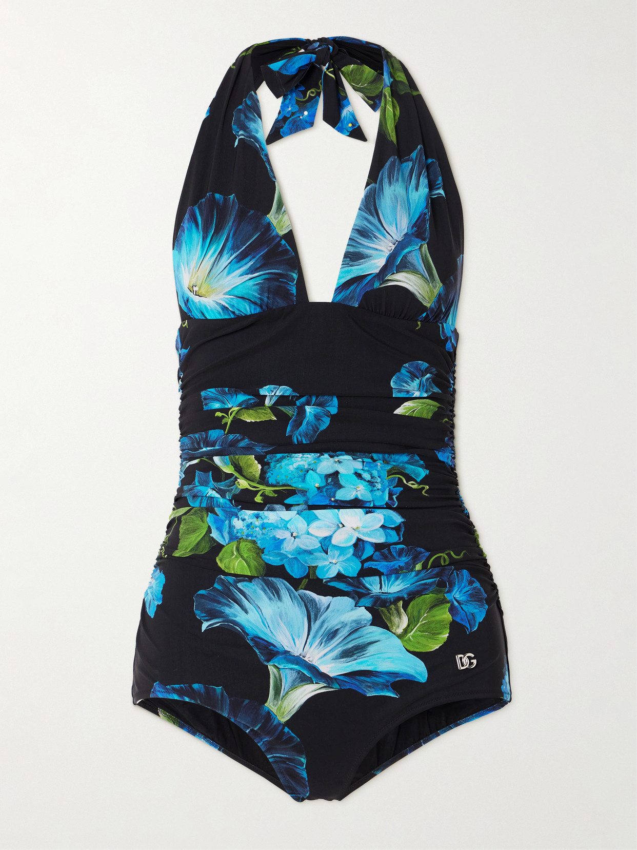 Dolce & Gabbana Ruched Floral-print Halterneck Swimsuit In Blue