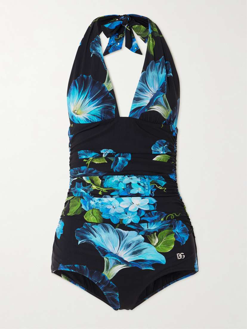 Dolce & Gabbana Ruched Floral-print Halterneck Swimsuit