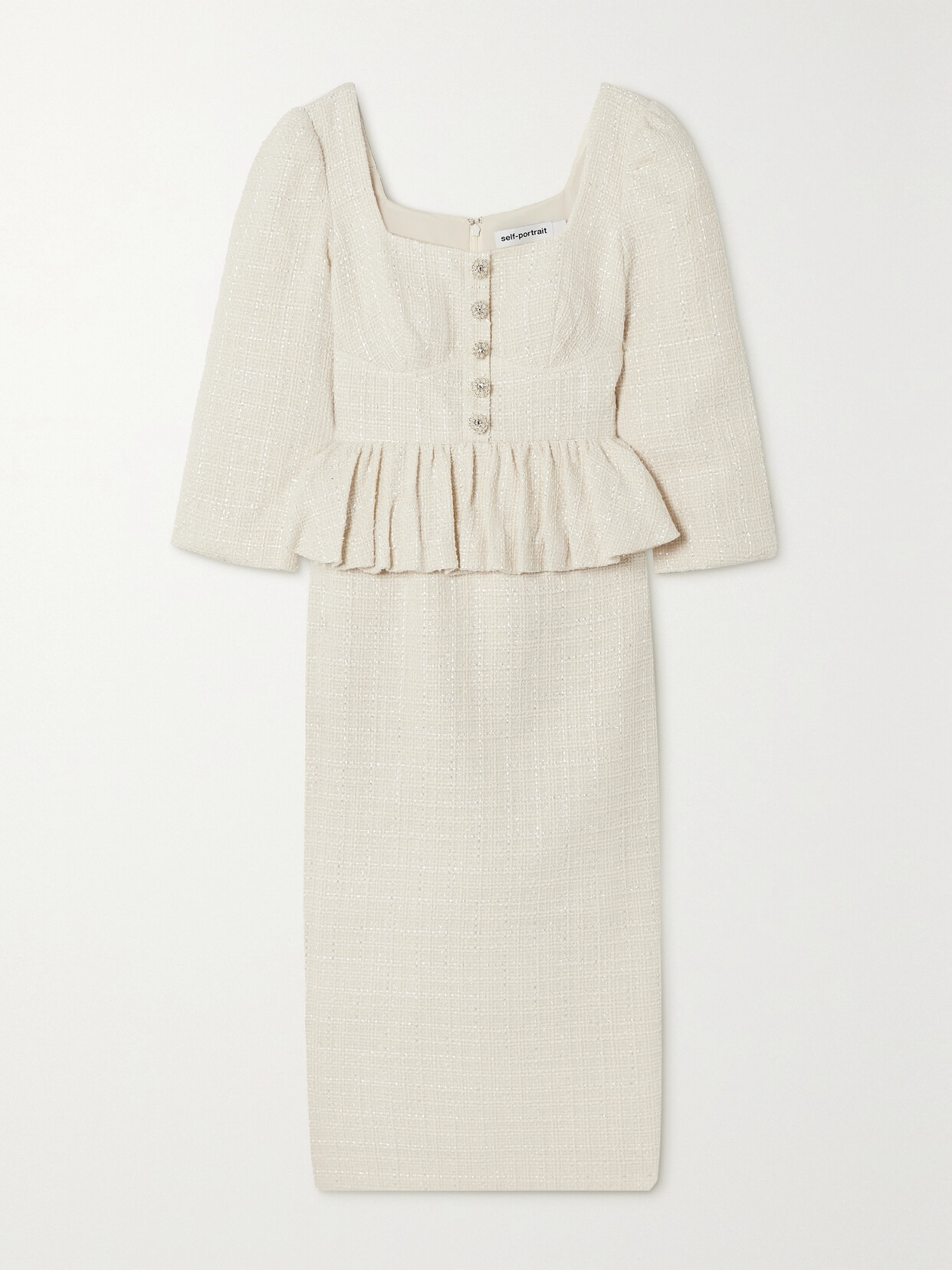 Self-Portrait - Embellished Bouclé-tweed Peplum Midi Dress - Cream