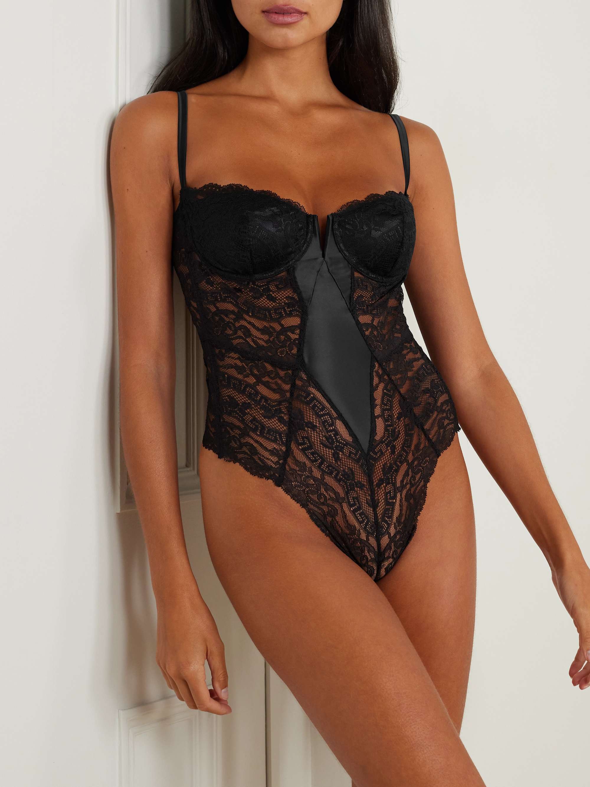 VERSACE Scalloped lace and stretch-satin underwired bodysuit