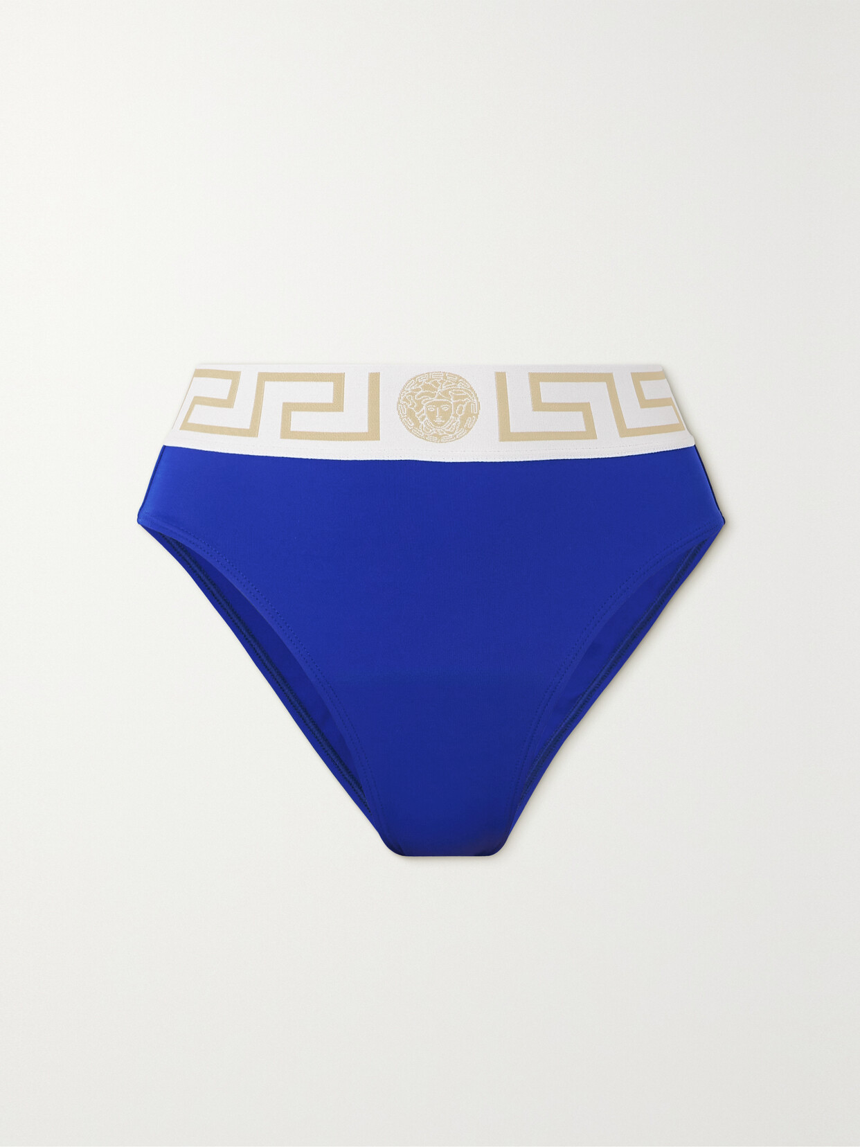 Shop Versace Vita Jacquard-trimmed Bikini Briefs In Blue