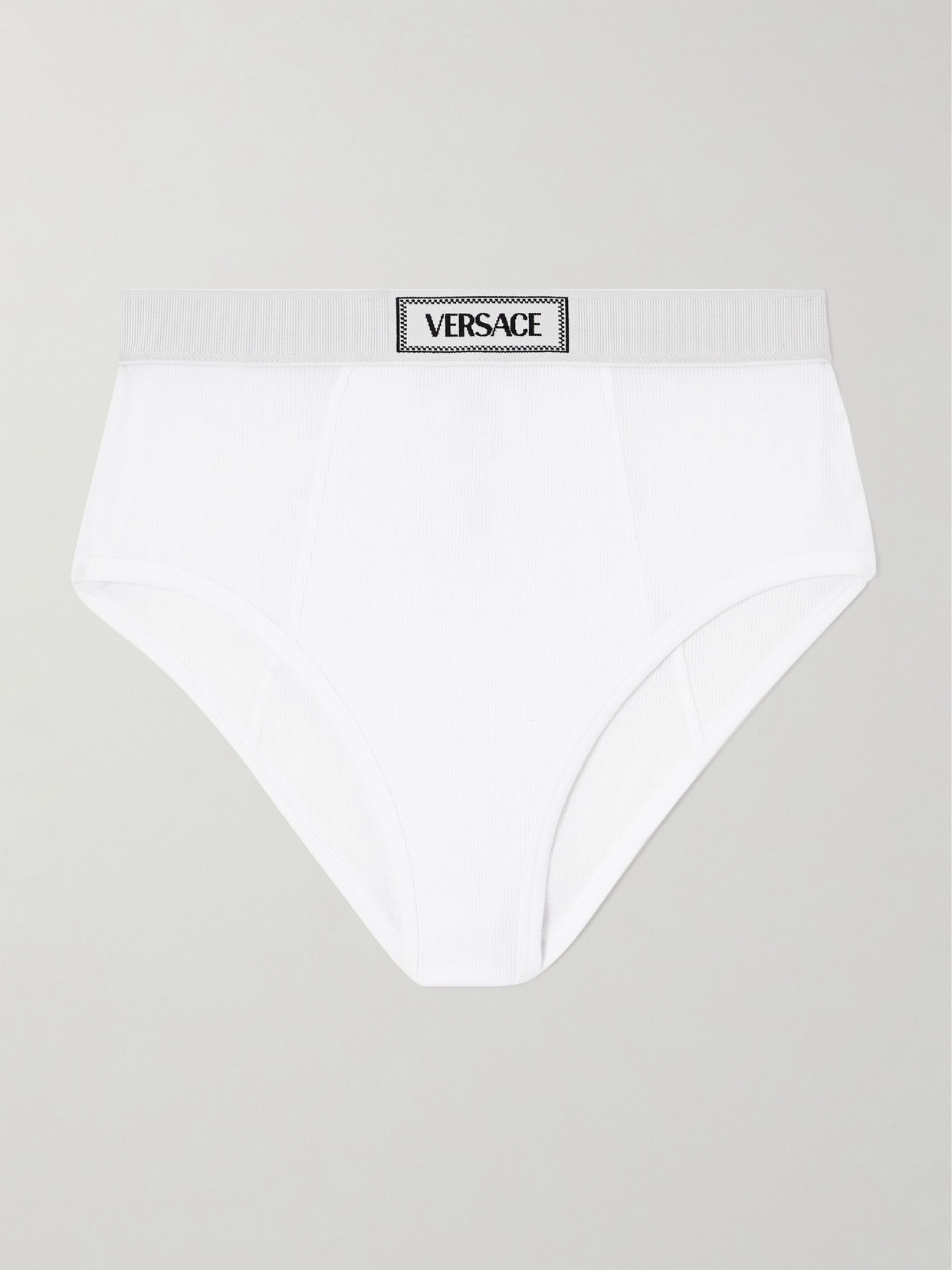 Shop Versace Ribbed Stretch-cotton Briefs In White