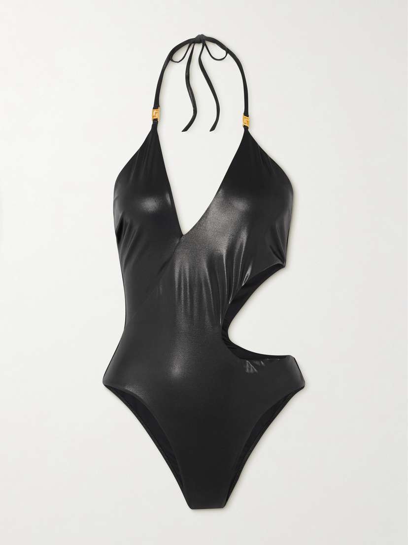 Versace Brinata Cutout Embellished Stretch-lamé Halterneck Swimsuit