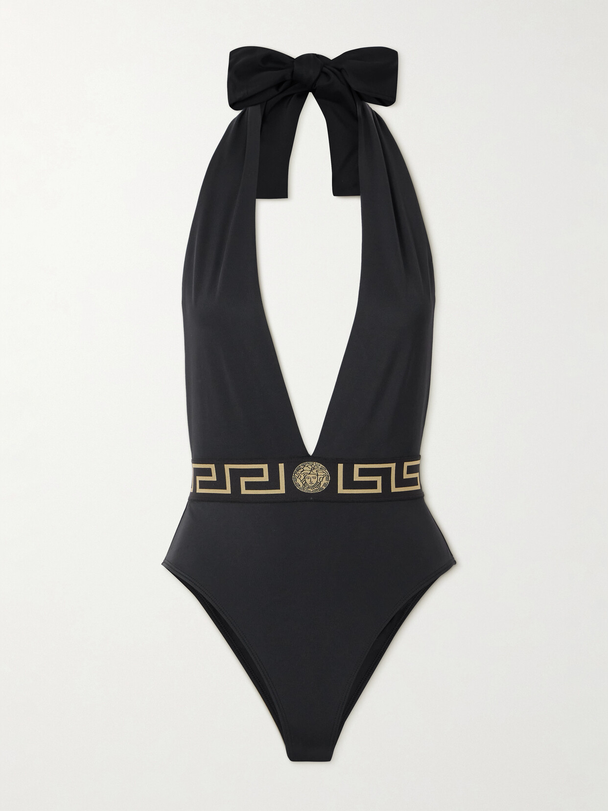 Versace Jacquard-trimmed Halterneck Swimsuit In Black