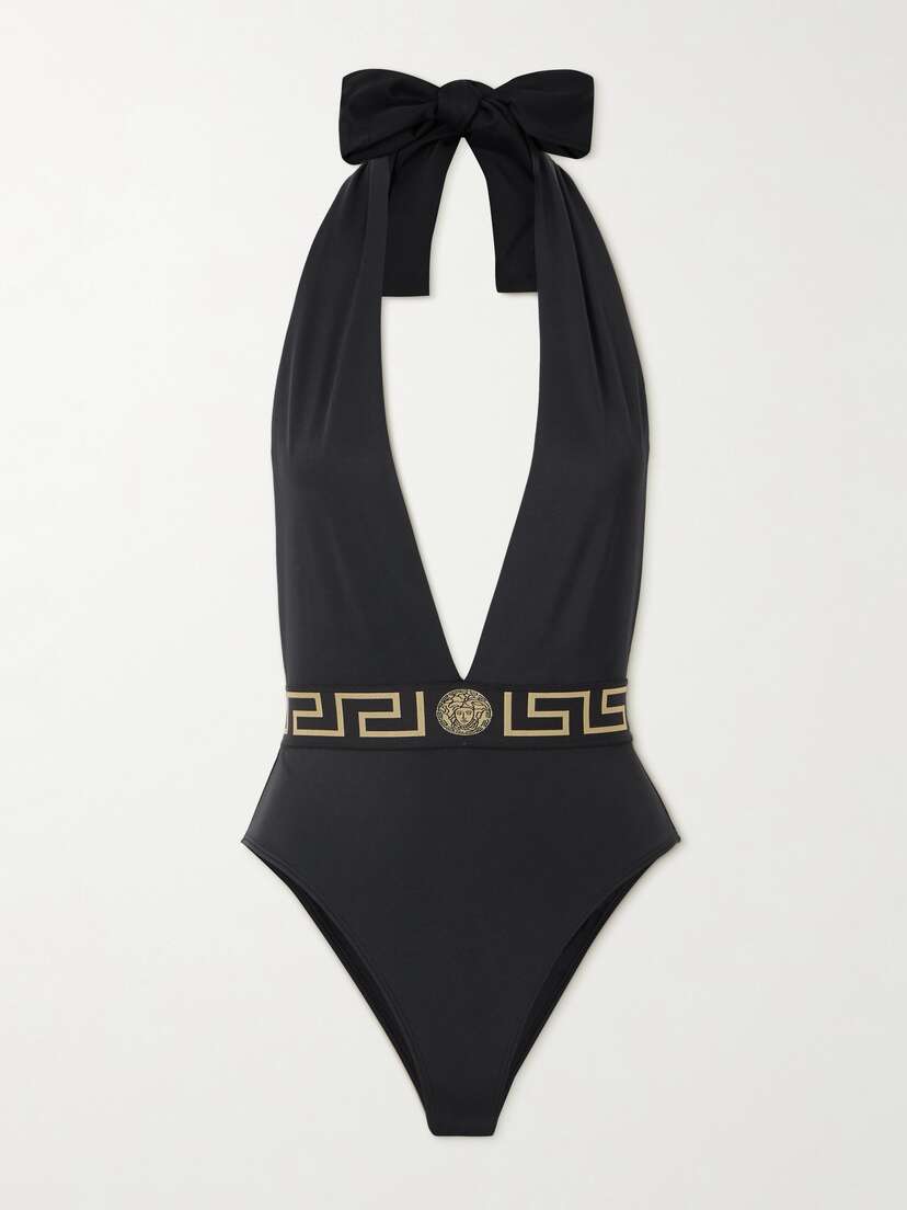 Versace Jacquard-trimmed Halterneck Swimsuit